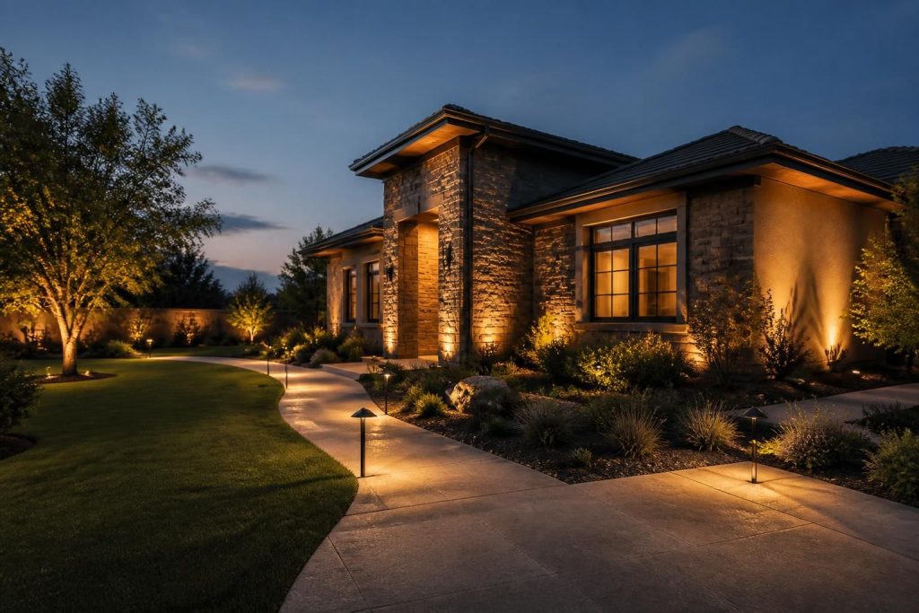 Modern home exterior with warm landscape lighting at dusk