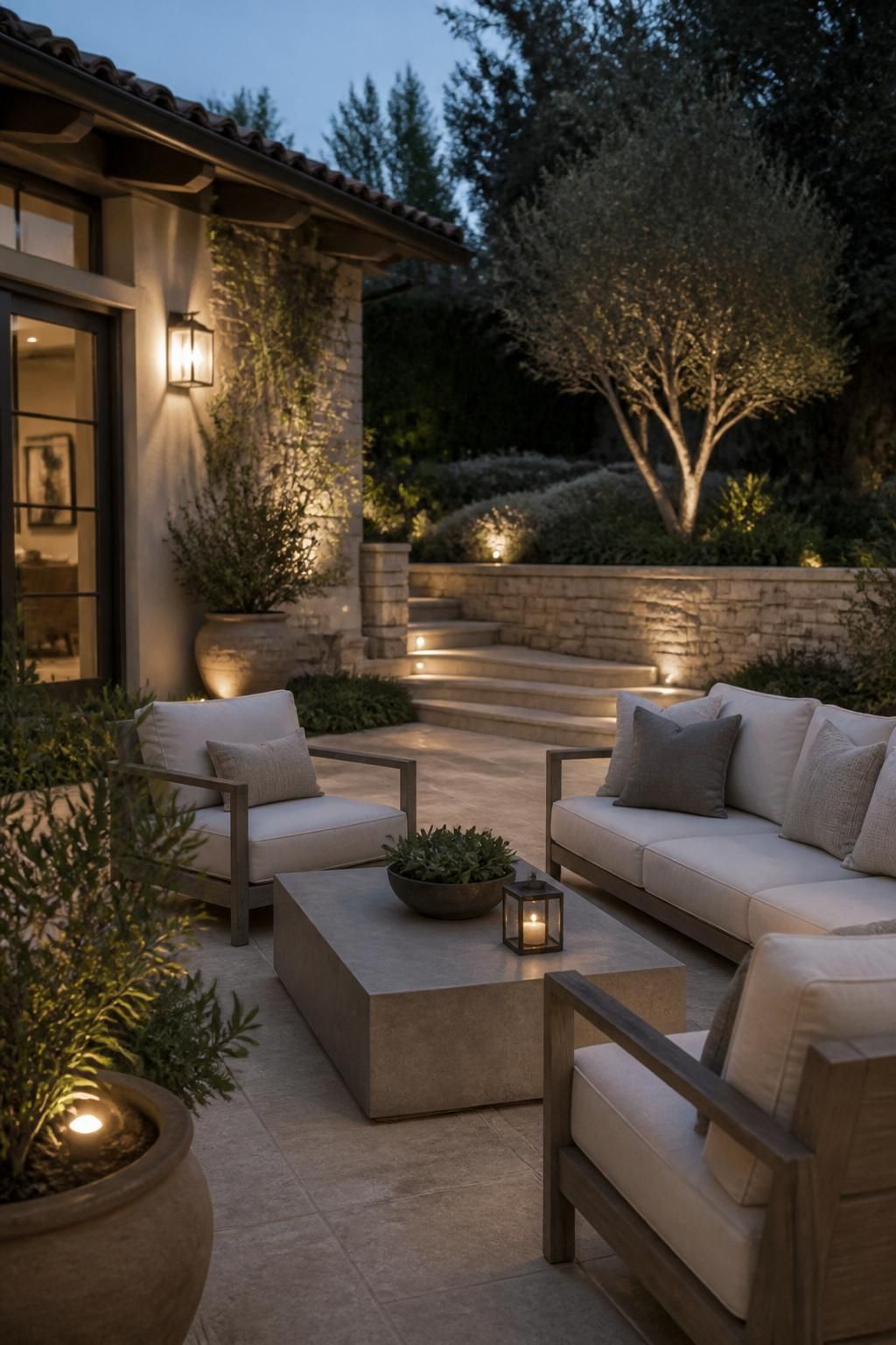 Upscale backyard patio with softly lit architectural details