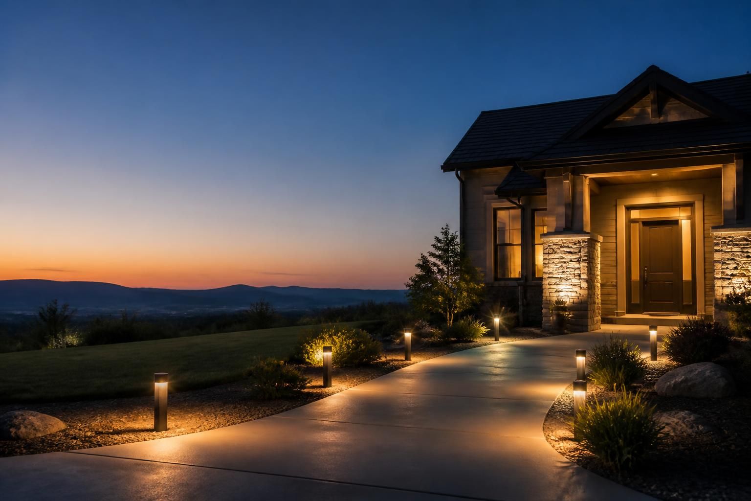 Glowing pathway lights leading to a softly lit home entry